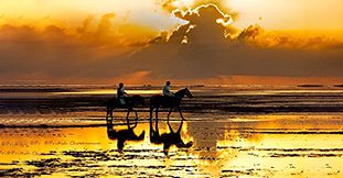 Balade romantique à cheval au coucher du soleil sur la plage